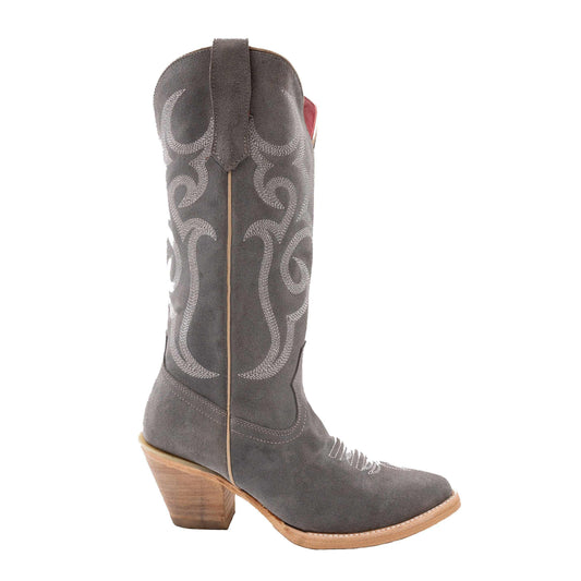 Ferrini Quinn Leather Boots in gray suede with pale embroidered scrollwork, snip toe and stacked cowboy heel