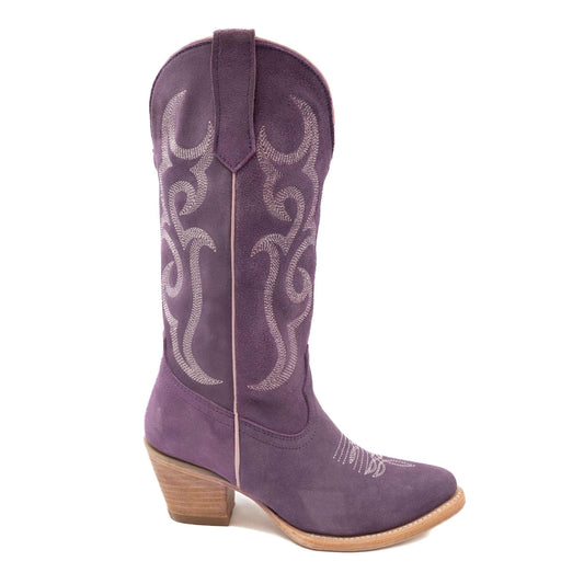 Ferrini Quinn Leather Boots in lilac leather with pale scrolling embroidery, a tall shaft, snip toe and stacked heel