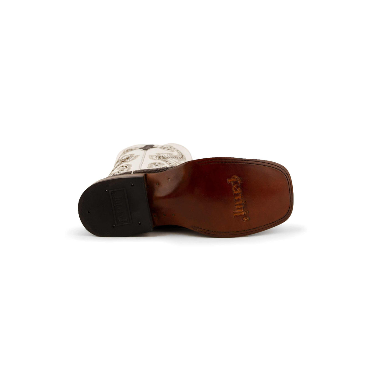 Ferrini Rancher Caiman cowgirl boot with a brown leather sole, dark heel, and white embroidered shaft peeking above