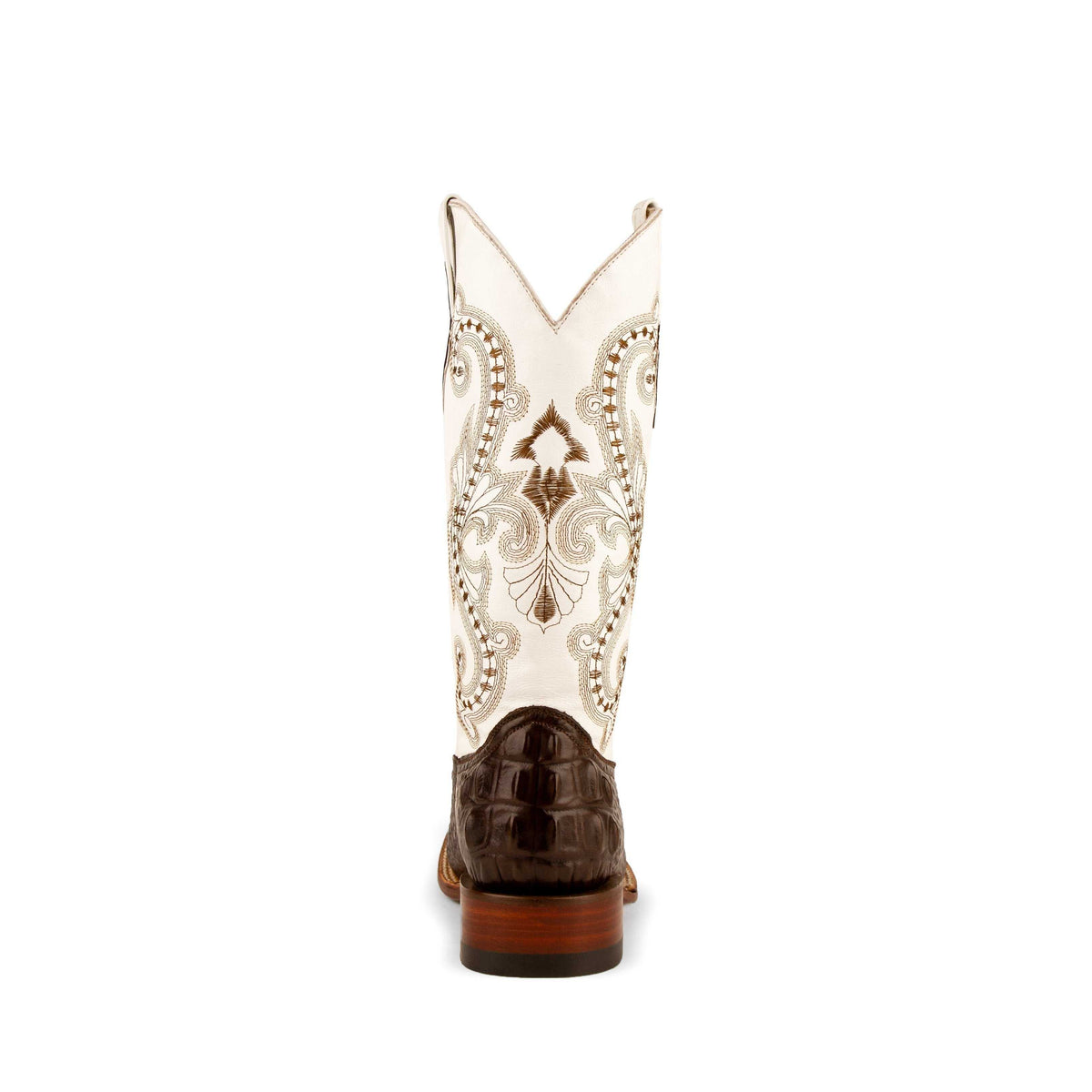 Ferrini Rancher Caiman cowboy boot with a dark chocolate hornback caiman-print heel and cream embroidered shaft