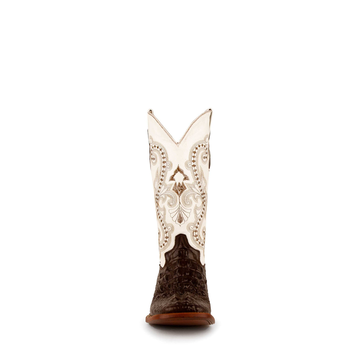 Cowboy boot, Ferrini Rancher Caiman, with a dark chocolate textured vamp and cream shaft featuring ornate brown stitching.