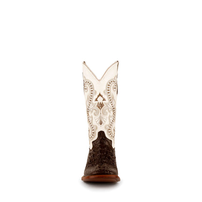 Cowboy boot, Ferrini Rancher Caiman, with a dark chocolate textured vamp and cream shaft featuring ornate brown stitching.
