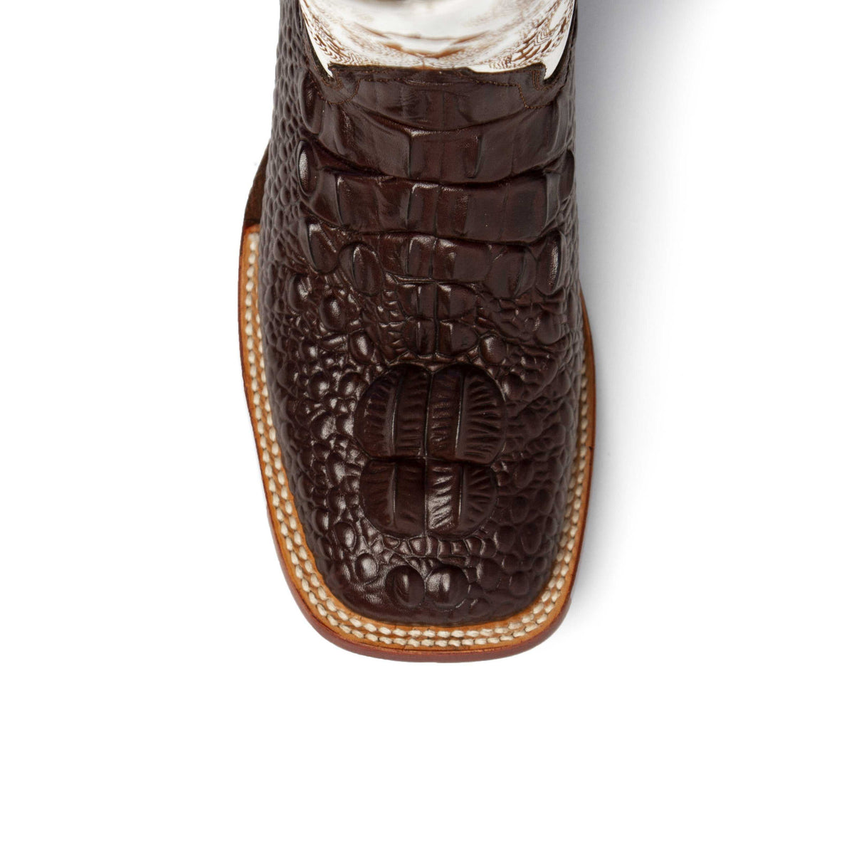 Ferrini Rancher Caiman boot in dark chocolate leather with a raised hornback caiman scale pattern and square toe