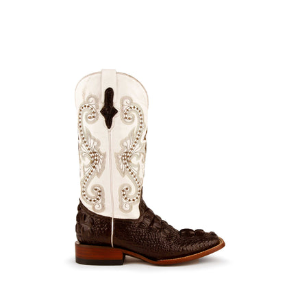 Ferrini Rancher Caiman cowboy boot in chocolate textured print leather with white embroidered shaft and square toe