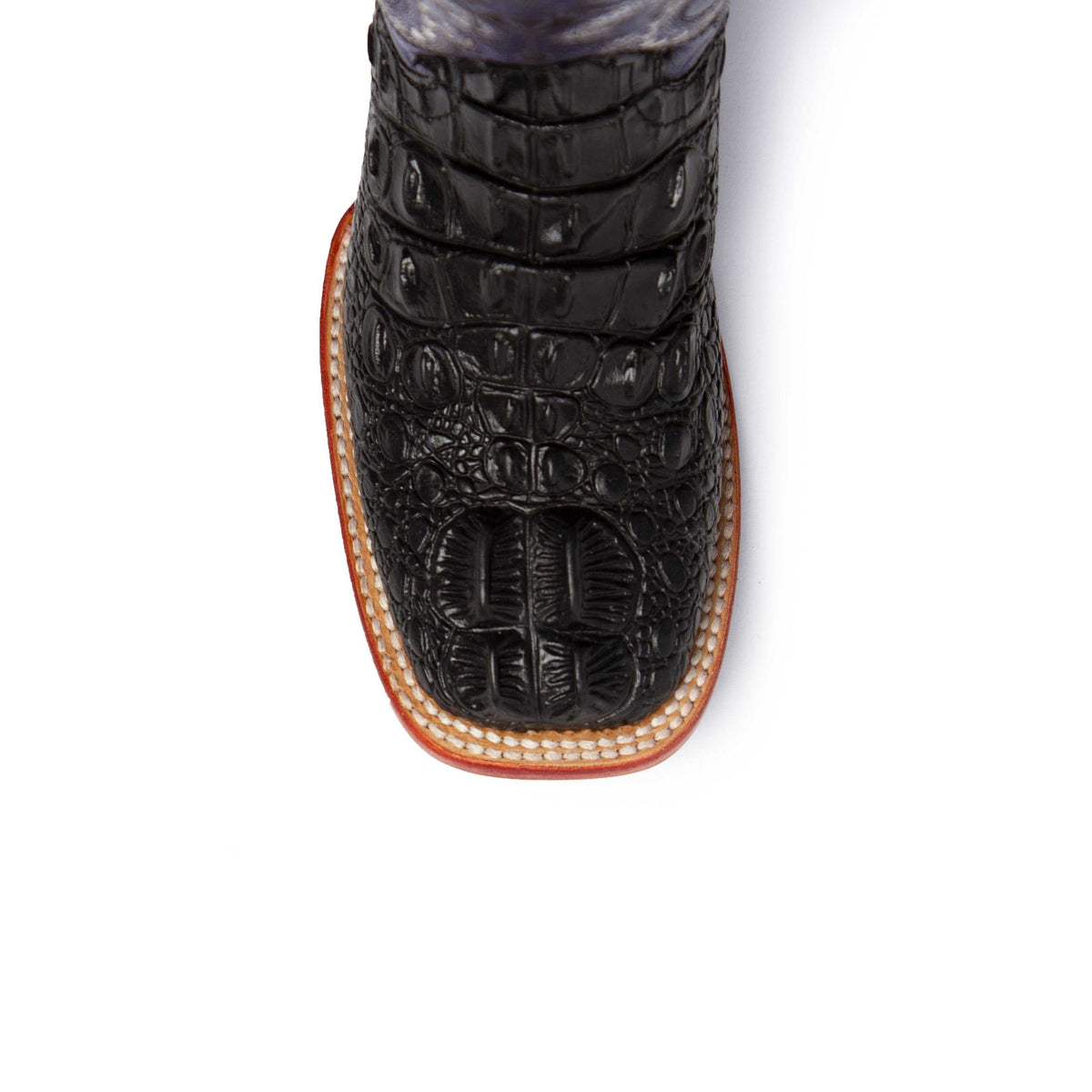 Ferrini Rancher Caiman Print Boots with a black embossed caiman-pattern vamp, square toe and contrasting stitched sole