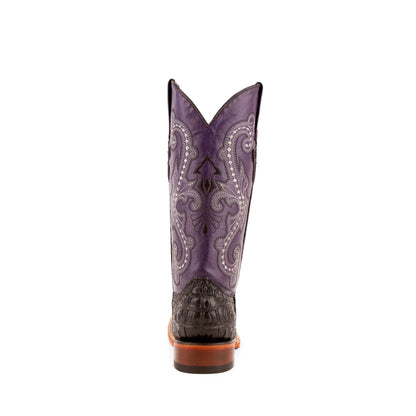 Ferrini Rancher Caiman Print Boots in black and purple leather, with embossed caiman-print foot and ornate stitched shafts