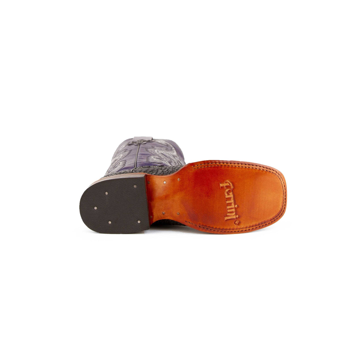 Ferrini Rancher Caiman Print Boots showing a leather sole with orange-brown stitching and a purple patterned upper