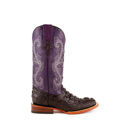 Ferrini Rancher Caiman Print Boots feature a dark embossed caiman-print vamp, purple embroidered shaft, square toe and orange-edged sole.