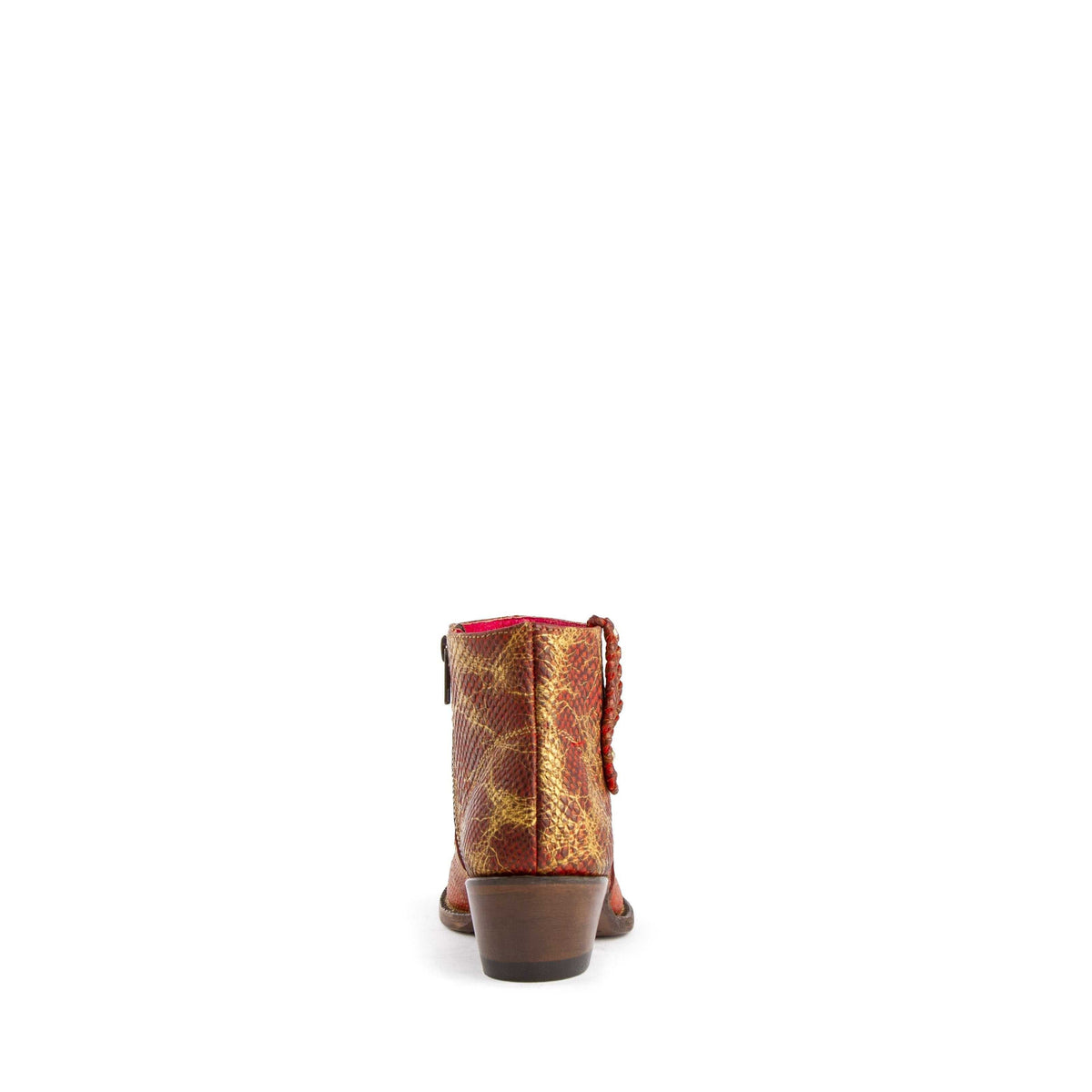 Ferrini Rebel Python Print Boots in red leather with textured python-print panels, pull tabs and a low brown block heel