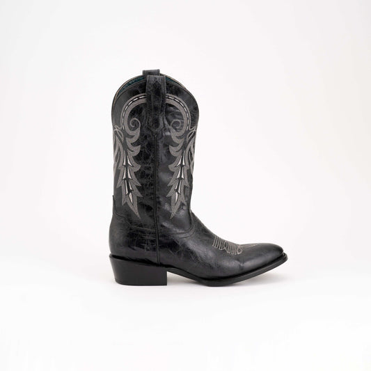 Ferrini Remington Leather Boots in black leather with ornate gray shaft stitching, embroidered vamp and low cowboy heel
