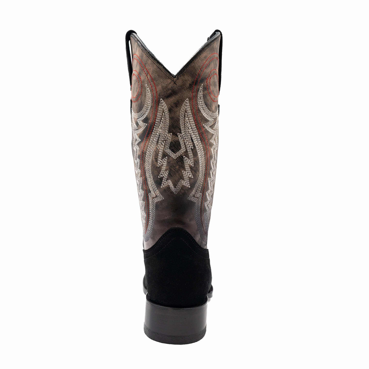 Ferrini Roughrider Leather Boots with a black heel and brown leather shaft featuring ornate white and red stitching