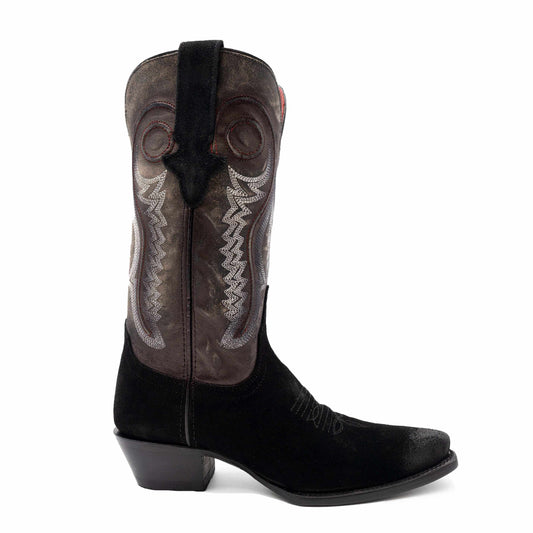 Ferrini Roughrider Leather Boots in black leather with a dark shaft, ornate white stitching, and snip toe
