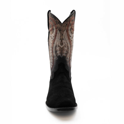 Ferrini Roughrider Leather Boots in black leather with a narrow square toe and ornate embroidered shaft