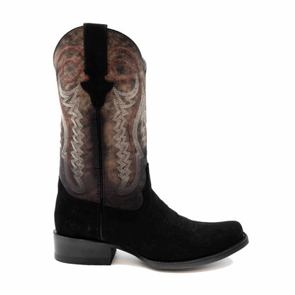 Ferrini Roughrider Leather Boots in black leather with a narrow square toe and ornate gray and red stitched shaft