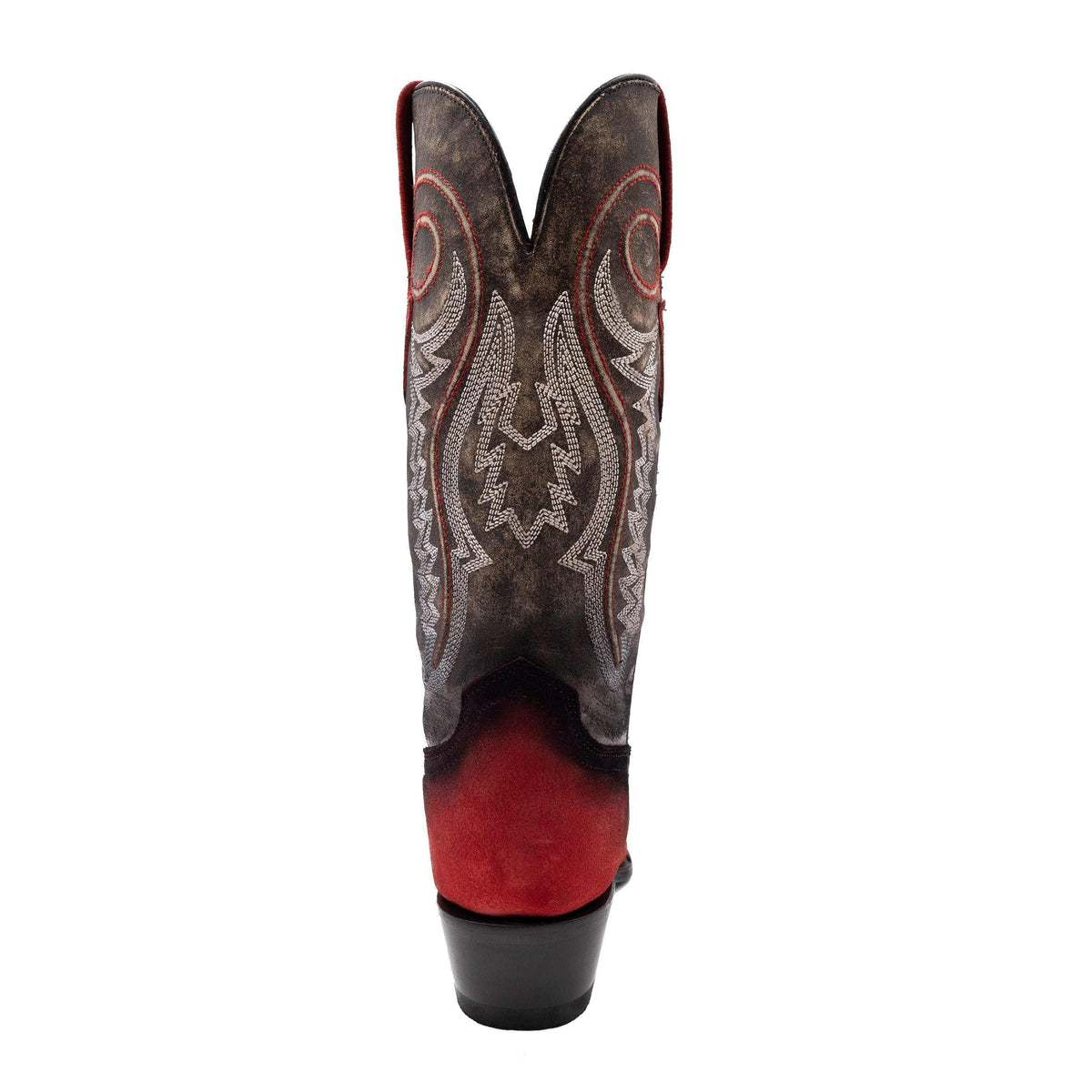 Ferrini Roughrider Leather Boots in red and dark brown leather, with intricate stitched shaft patterns and a snip toe