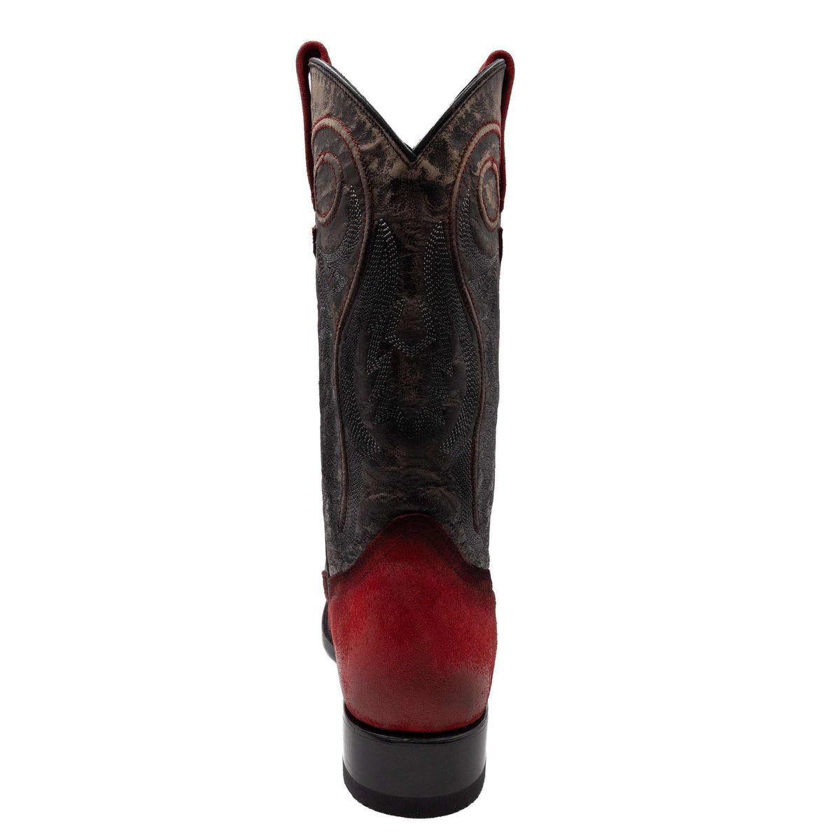 Ferrini Roughrider Leather Boots with a red leather heel, dark embroidered shaft, and black stacked heel