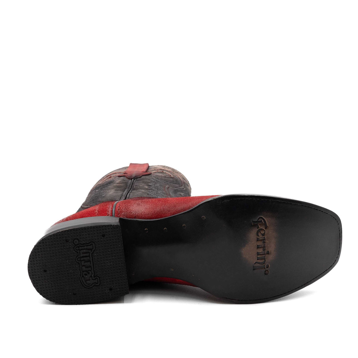 Ferrini Roughrider Leather Boots with red leather uppers, dark soles, and embossed Ferrini branding underneath