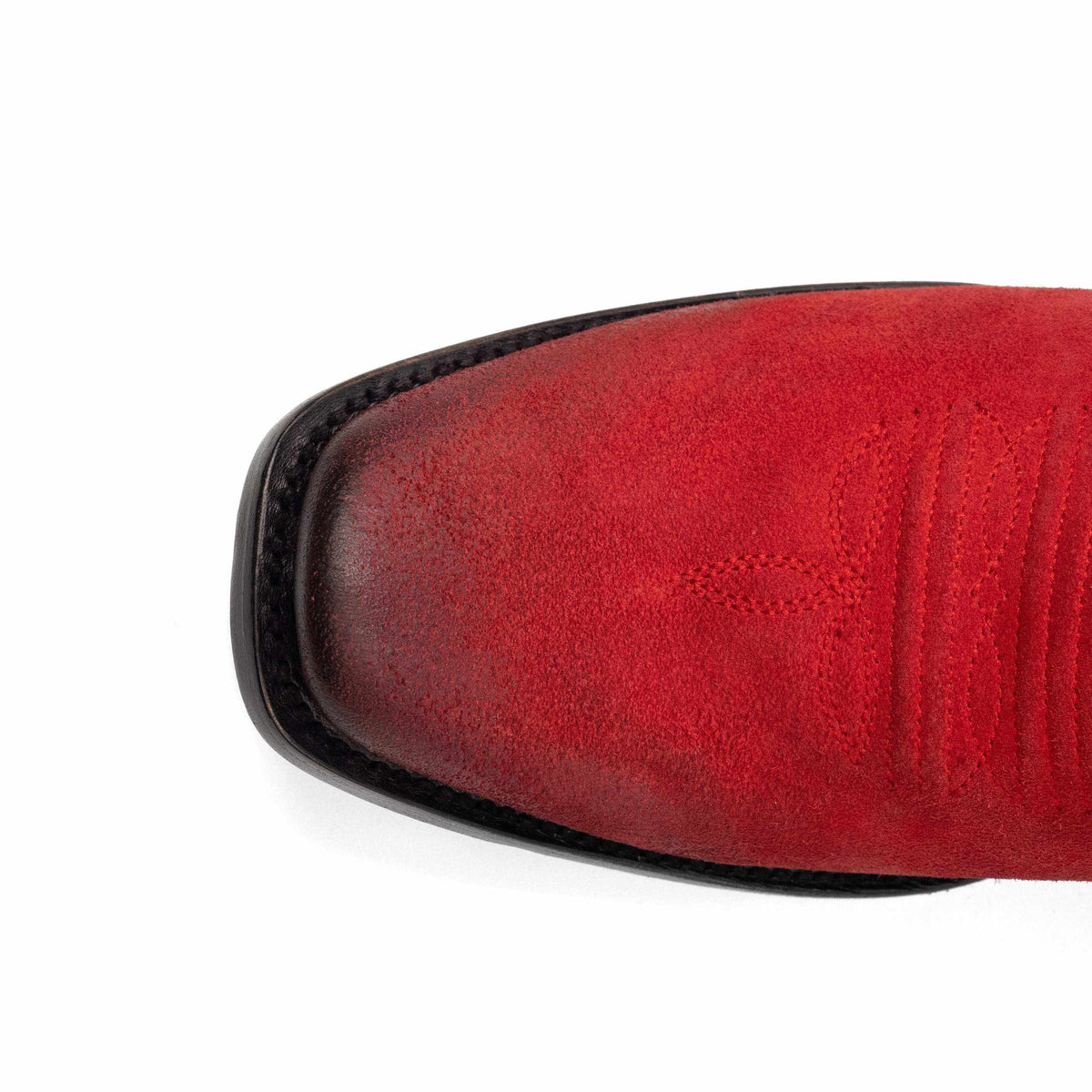 Ferrini Roughrider Leather Boots with a red leather square toe, black edge stitching, and decorative stitched detailing