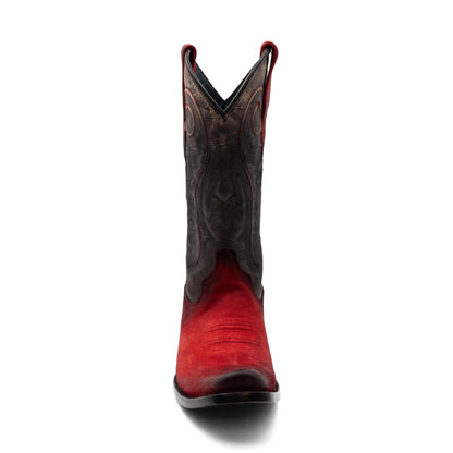 Ferrini Roughrider Leather Boots in red and dark brown leather, with ornate stitched shaft and narrow square toe