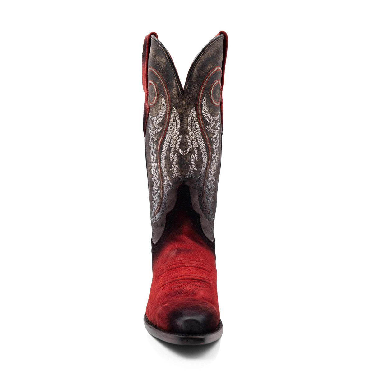 Ferrini Roughrider Leather Boots in red suede with black snip toe and ornate gray embroidered shafts