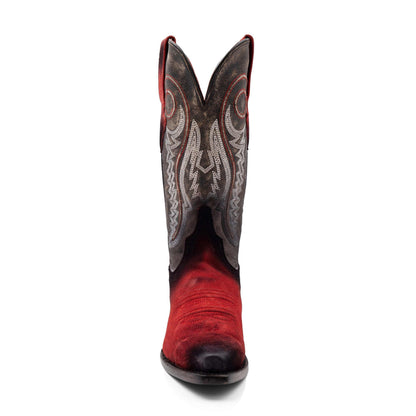 Ferrini Roughrider Leather Boots in red suede with black snip toe and ornate gray embroidered shafts