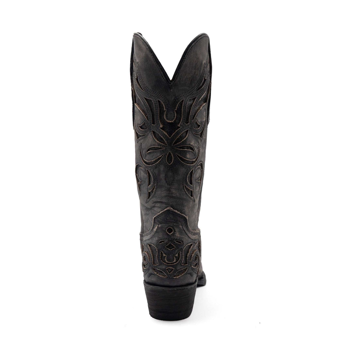 Ferrini Sasha Leather Boots in charcoal leather with intricate stitched floral shaft detailing and a stacked cowboy heel