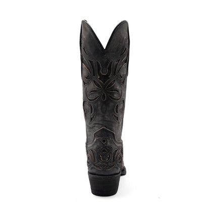 Ferrini Sasha Leather Boots in charcoal leather with intricate stitched floral shaft detailing and a stacked cowboy heel