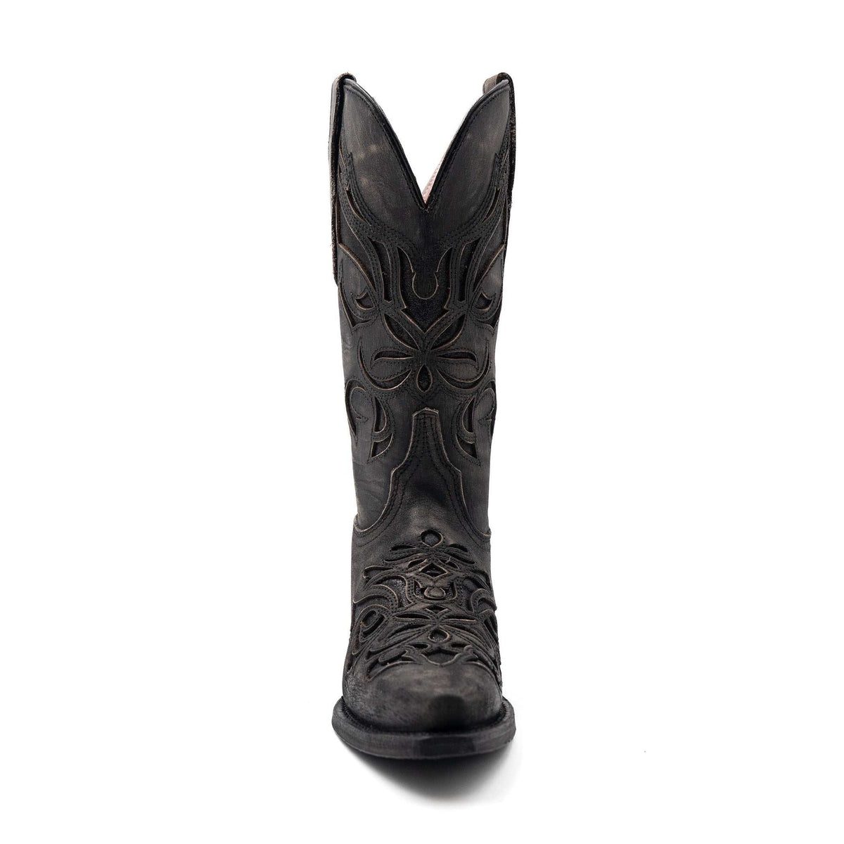 Ferrini Sasha Leather Boots in charcoal leather with intricate dark stitching, Western embroidery, and snip toe