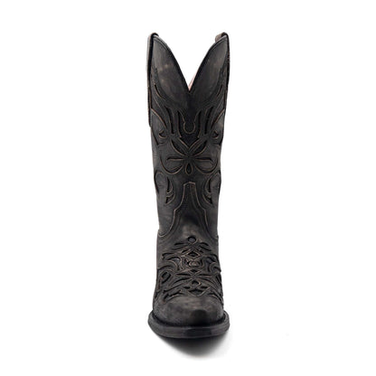 Ferrini Sasha Leather Boots in charcoal leather with intricate dark stitching, Western embroidery, and snip toe
