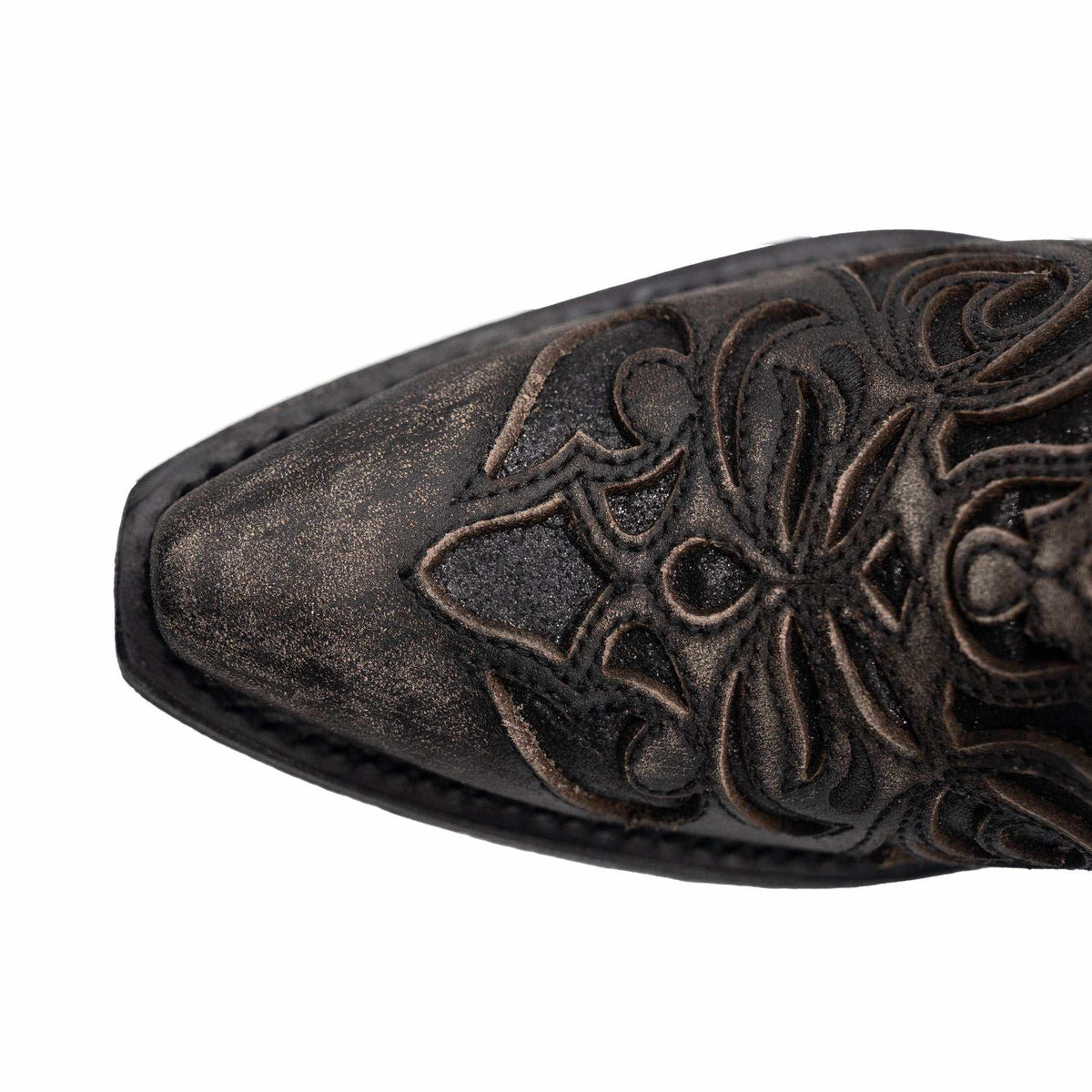 Ferrini Sasha Leather Boots with a charcoal leather snip toe featuring raised dark decorative floral stitching
