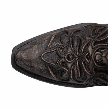 Ferrini Sasha Leather Boots with a charcoal leather snip toe featuring raised dark decorative floral stitching