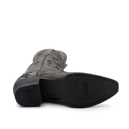 Ferrini Sasha Leather Boots in charcoal leather, showing an embossed shaft and black outsole with a snip toe