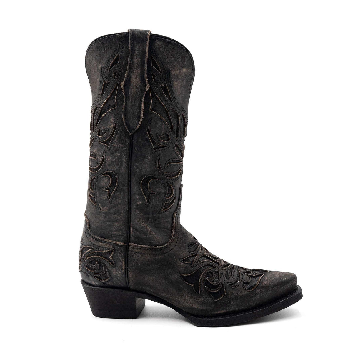 Ferrini Sasha Leather Boots in charcoal leather with a snip toe, decorative stitched patterns and a low cowboy heel