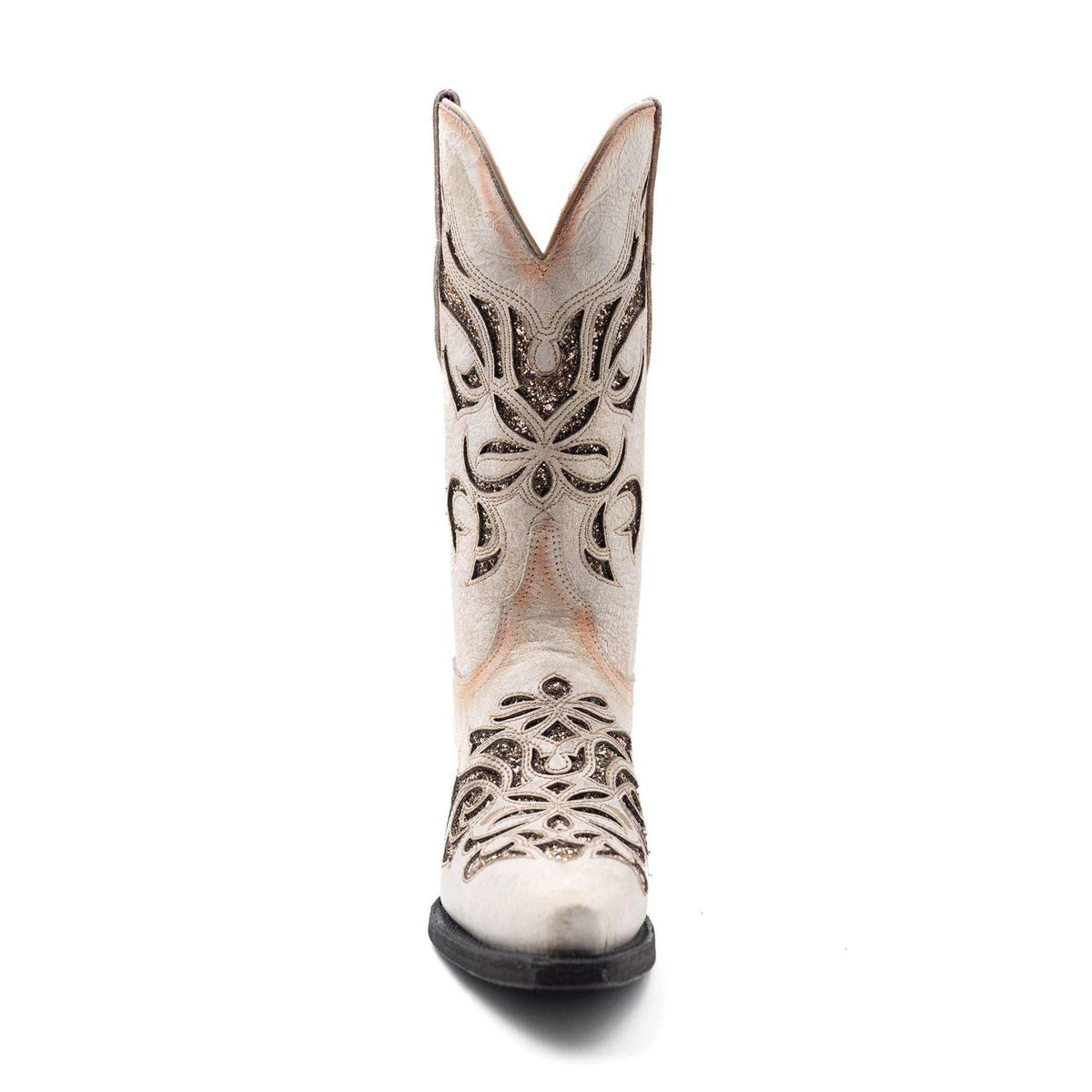 Ferrini Sasha Leather Boots, single cream leather cowboy boot with dark ornate floral stitching and a snip toe