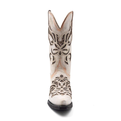 Ferrini Sasha Leather Boots, single cream leather cowboy boot with dark ornate floral stitching and a snip toe