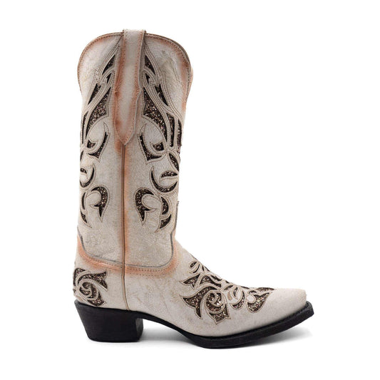 Ferrini Sasha Leather Boots in pale vintage leather with dark ornate embroidery, tall shafts and snip toes