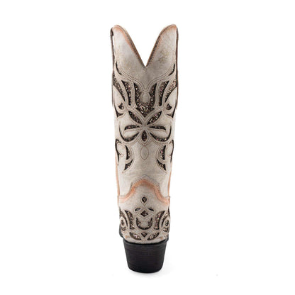 Ferrini Sasha Leather Boots, a vintage tan leather cowboy boot with ornate dark stitched floral embroidery and a snip toe.