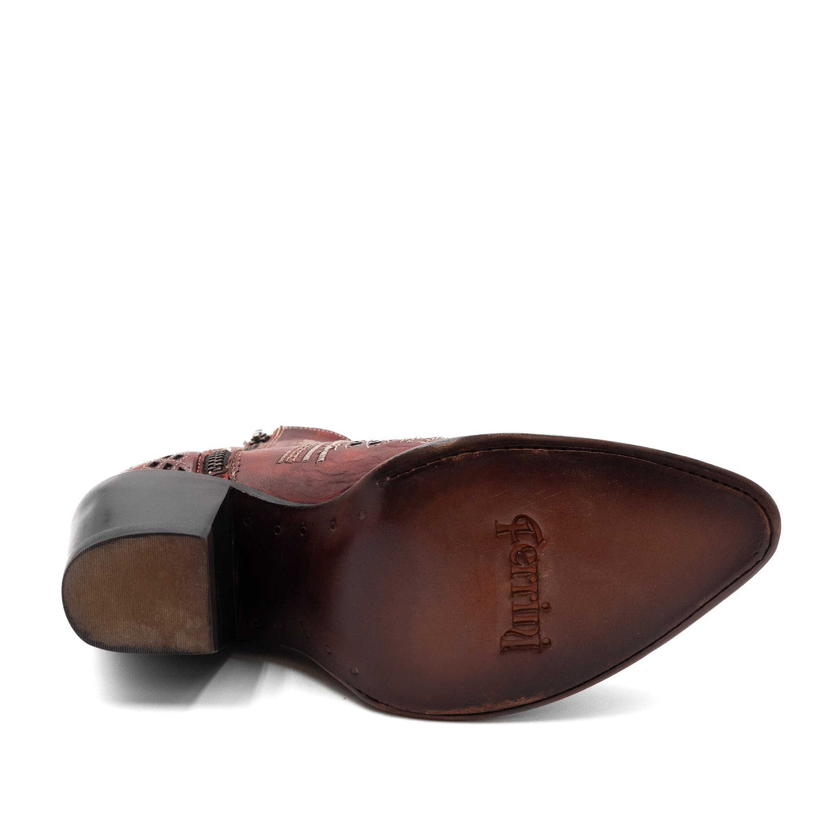 Ferrini Savannah Leather Boots, brown leather outsole with embossed Ferrini branding, dark heel and pointed snip toe