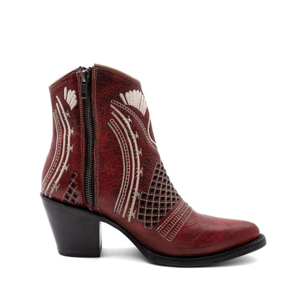 Ferrini Savannah Leather Boots in burgundy-red leather with white stitched motifs, side zipper, and snip toe