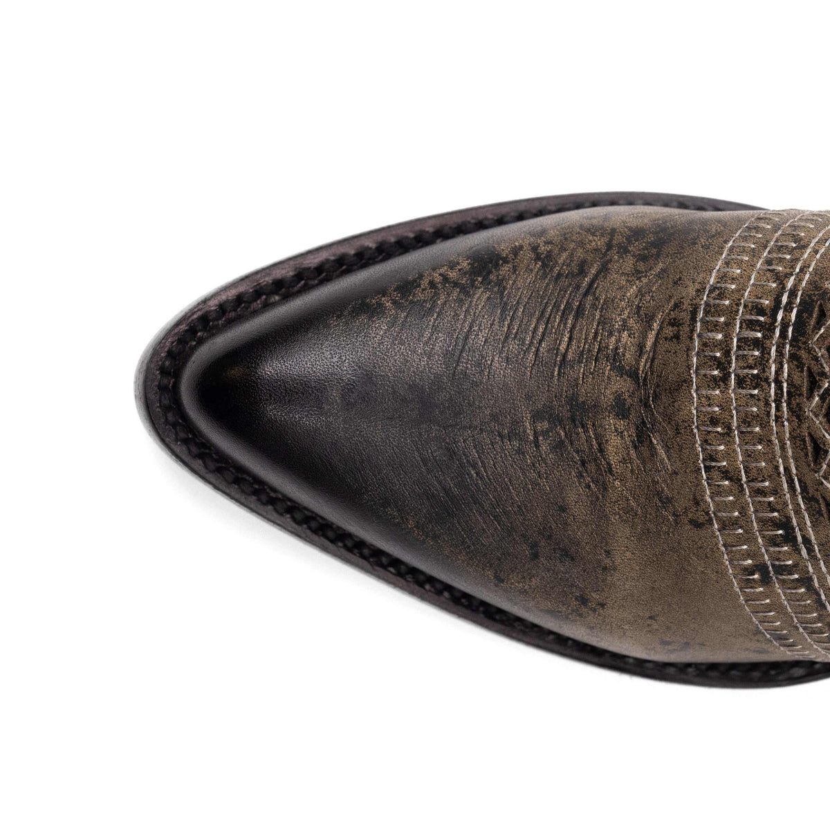 Ferrini Savannah Leather Boots in distressed brown leather, showing a pointed toe and decorative stitched detailing