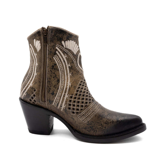 Ferrini Savannah Leather Boots in distressed dark brown leather with cream stitched fan patterns, lattice cutouts and a side zipper