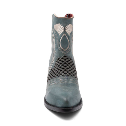Ferrini Savannah Leather Boots in dusty blue leather with cream embroidered geometric patterns and a rounded toe