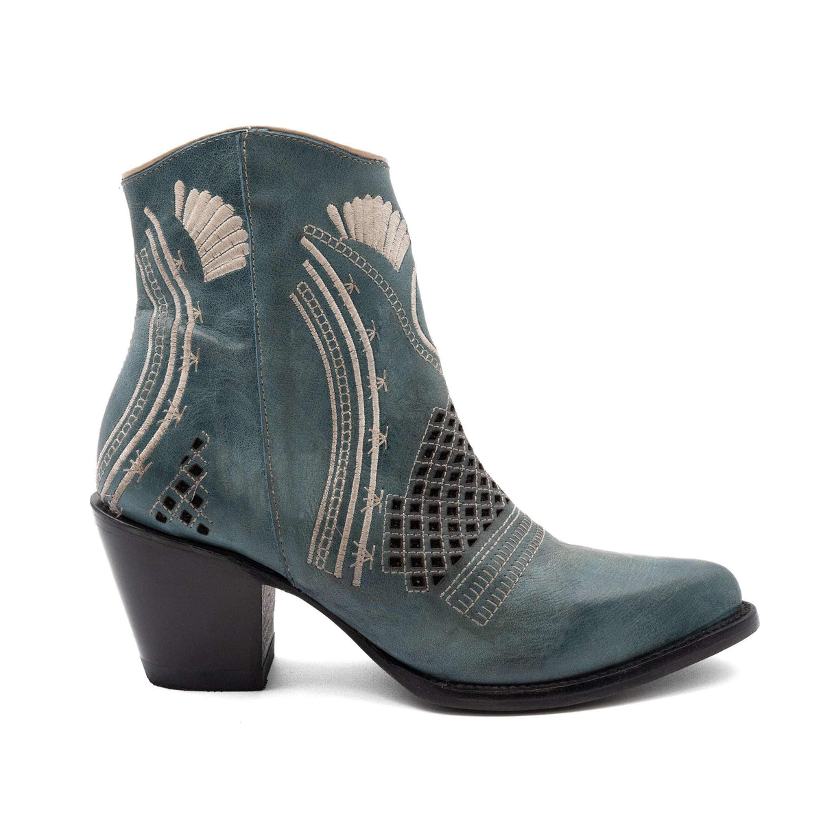Ferrini Savannah Leather Boots in dusty blue leather with stitched western motifs, perforated panels, pointed toe and block heel