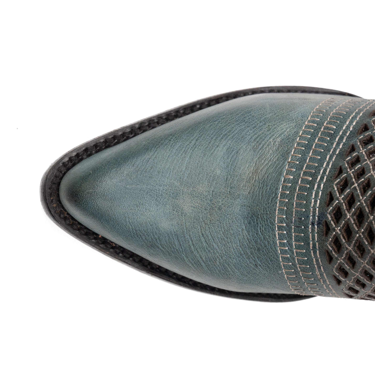 Ferrini Savannah Leather Boots with a dusty blue leather pointed toe, dark edging, and stitched decorative band