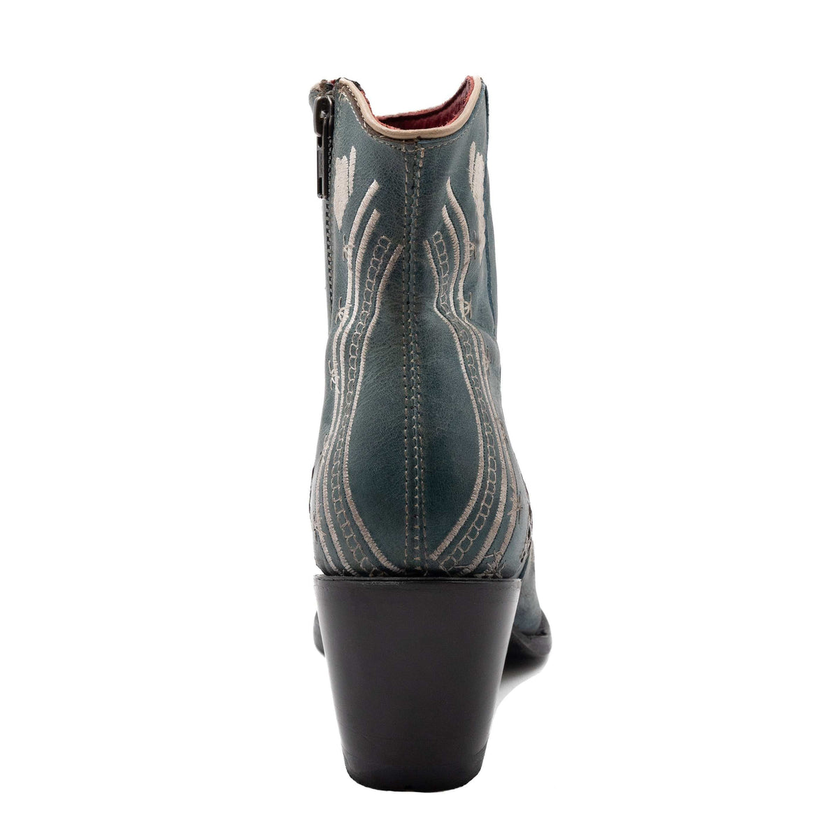 Ferrini Savannah Leather Boots in dusty blue leather, with ornate stitched Western patterns, raised heel and pull-on design.