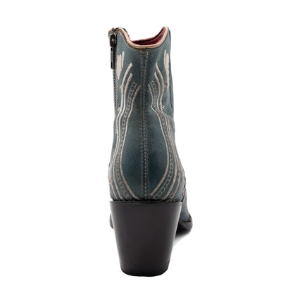 Ferrini Savannah Leather Boots in dusty blue leather, with ornate stitched Western patterns, raised heel and pull-on design.