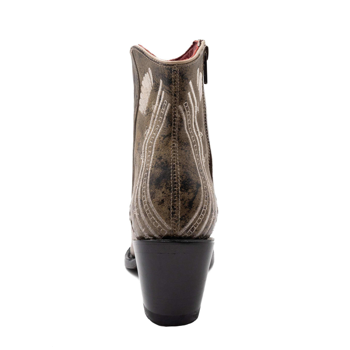 Ferrini Savannah Leather Boots in mottled moss leather with cream stitched detailing, shown from the back with a dark block heel