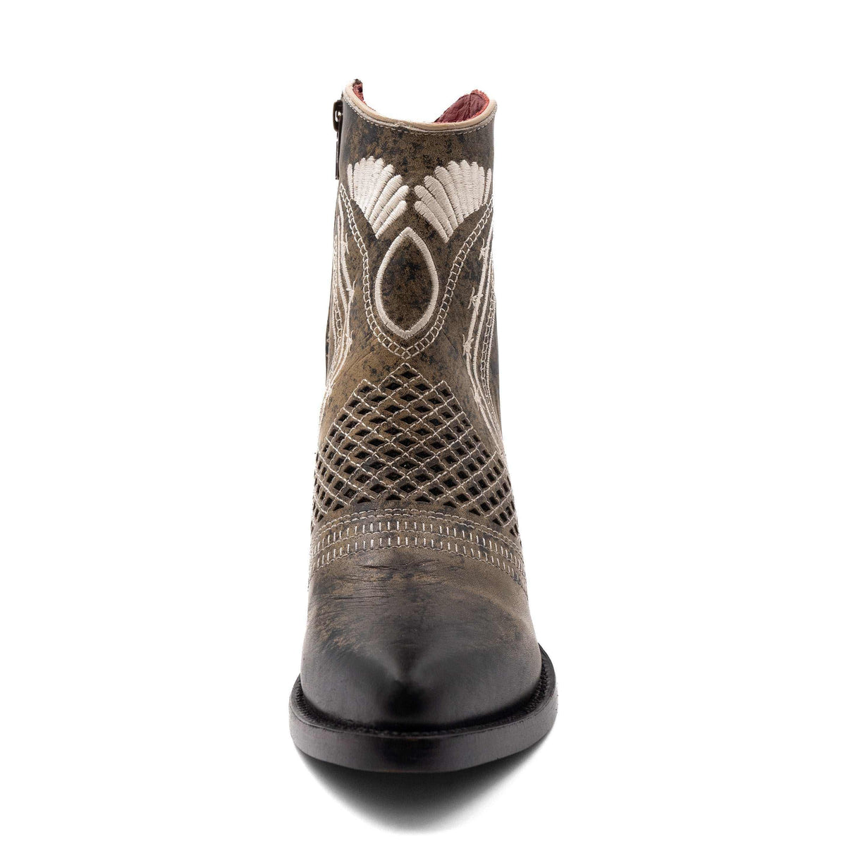 Ferrini Savannah Leather Boots in distressed moss leather, with a round toe and ornate cream stitching and cutout patterns