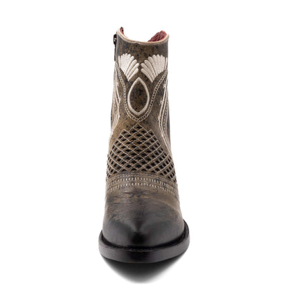 Ferrini Savannah Leather Boots in distressed moss leather, with a round toe and ornate cream stitching and cutout patterns