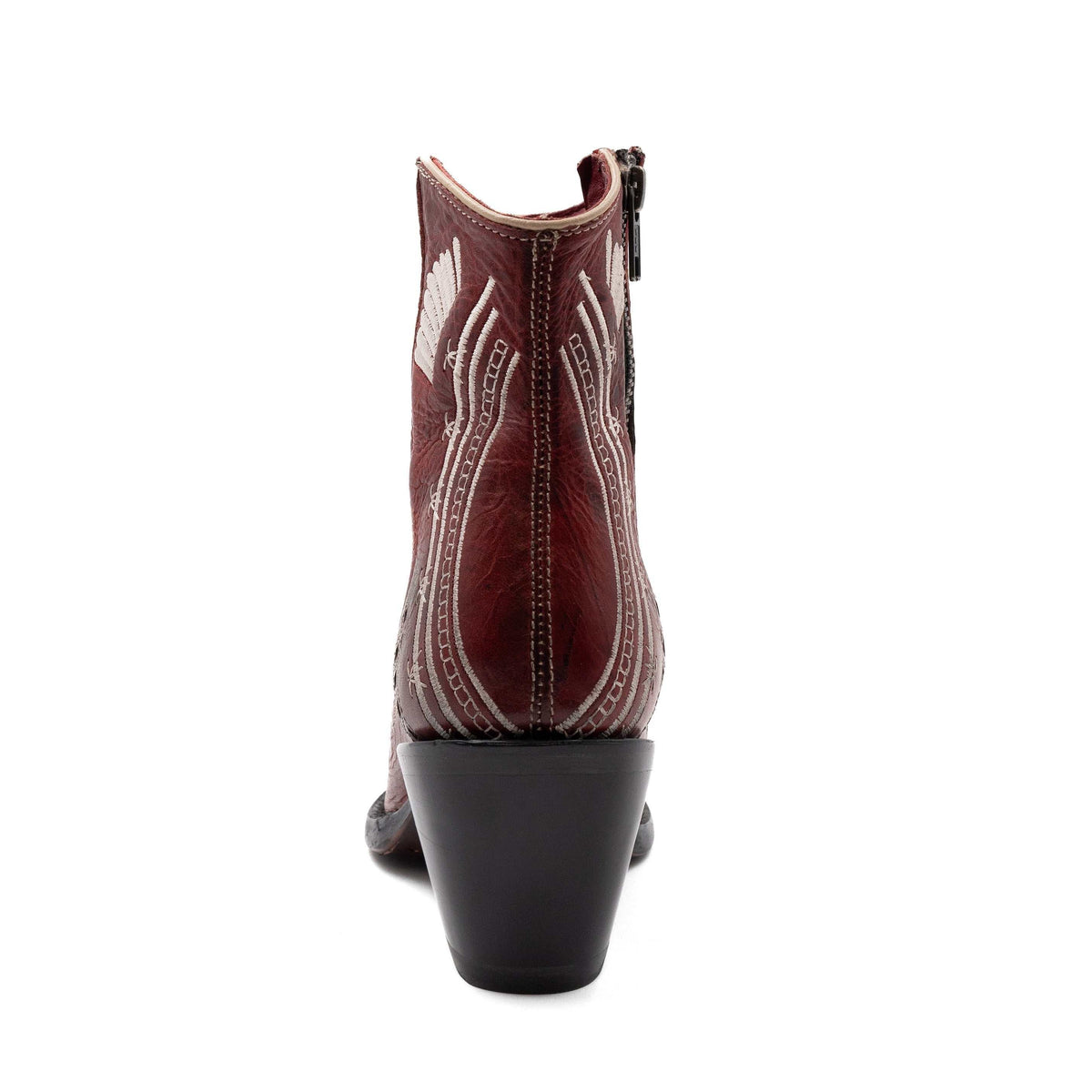Ferrini Savannah Leather Boots in dark red leather with cream embroidered stitching, rear zipper and chunky black heel